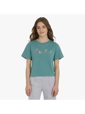 Champion Girls L 14 Green Cropped Graphic Tee Cotton Polyester Made In China
